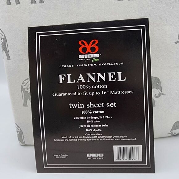 BIBB Home Twin Size Ivory Cotton Flannel Sheet Set of 3pc With Gray Elephants - Picture 8 of 16